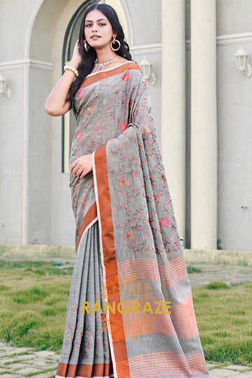 Grey Zari Work Pure Linen Saree