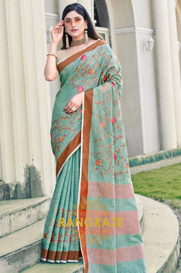 Turquoise Zari Work Pure Linen Saree