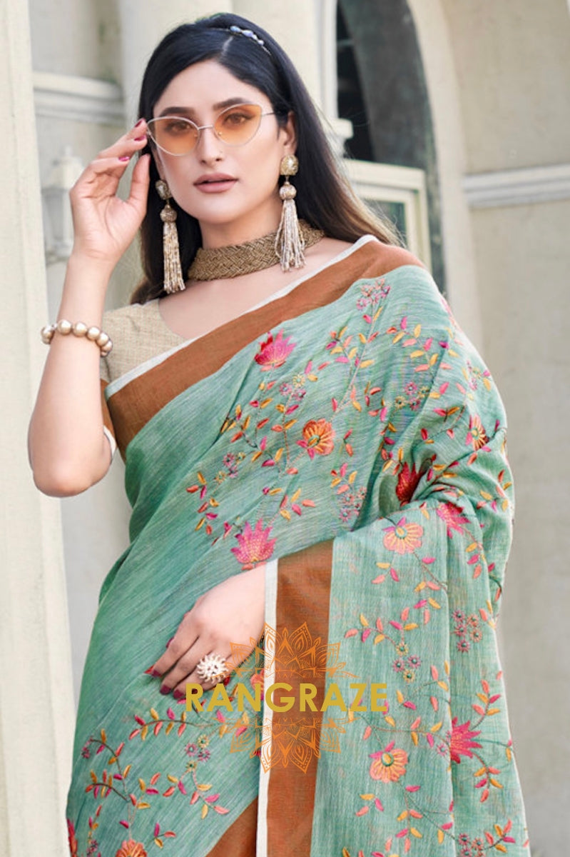 Turquoise Zari Work Pure Linen Saree