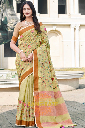 Lemon Green Zari Work Pure Linen Saree