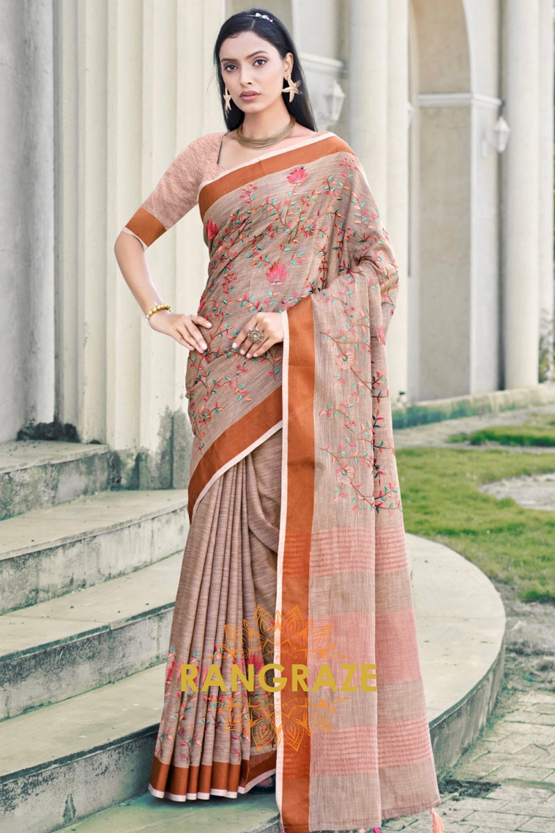 Metal Brown Zari Work Pure Linen Saree