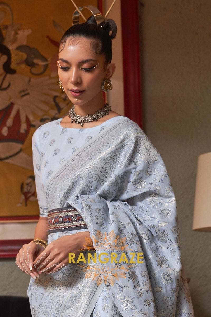 Ice Blue Woven Kashmiri Cotton Silk Saree