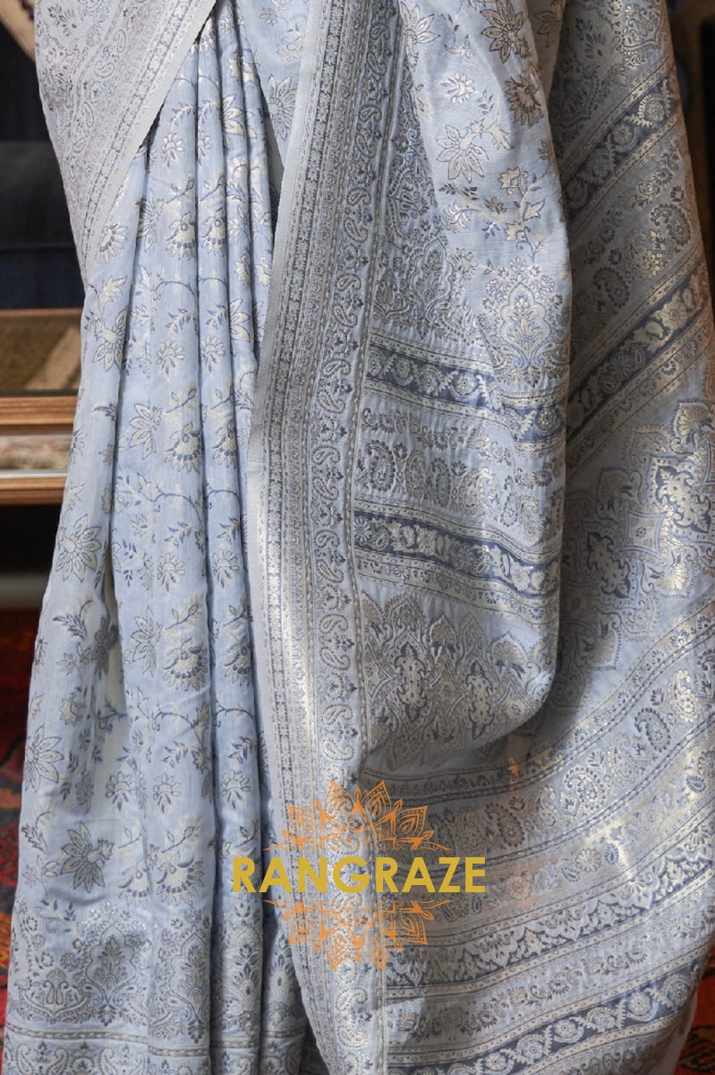 Ice Blue Woven Kashmiri Cotton Silk Saree