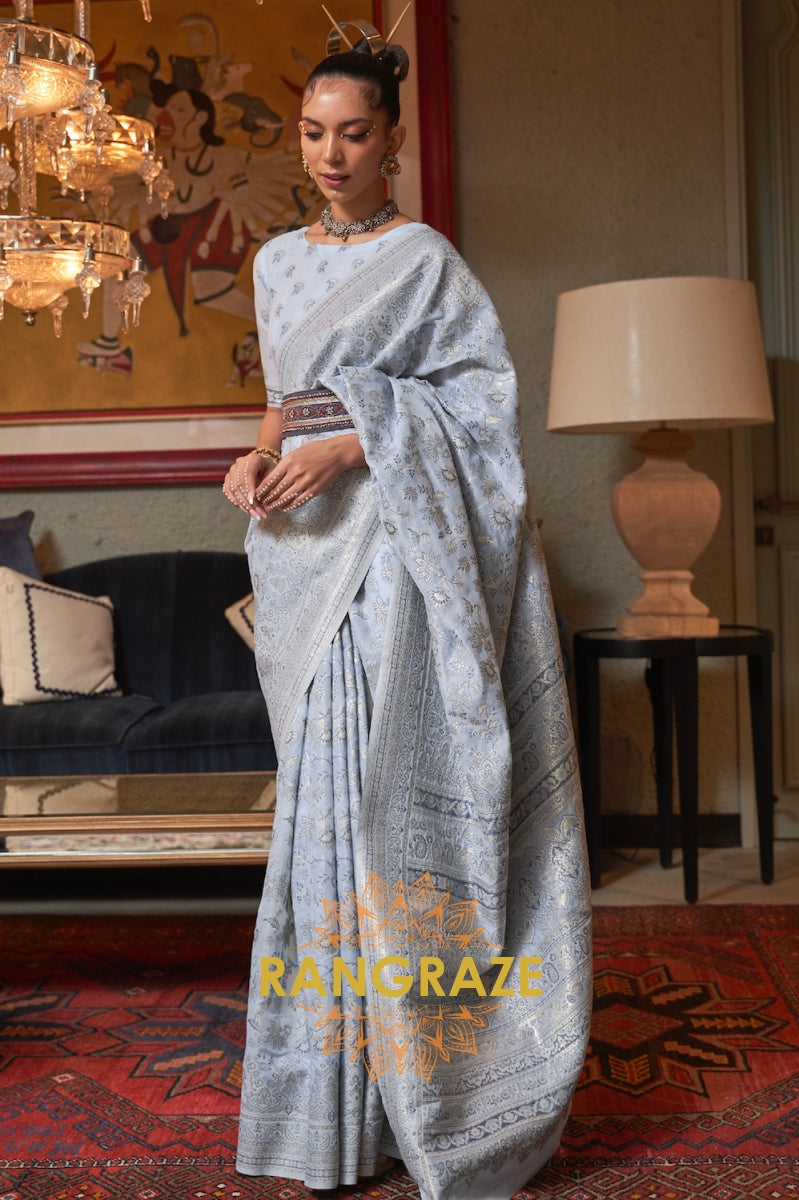 Ice Blue Woven Kashmiri Cotton Silk Saree