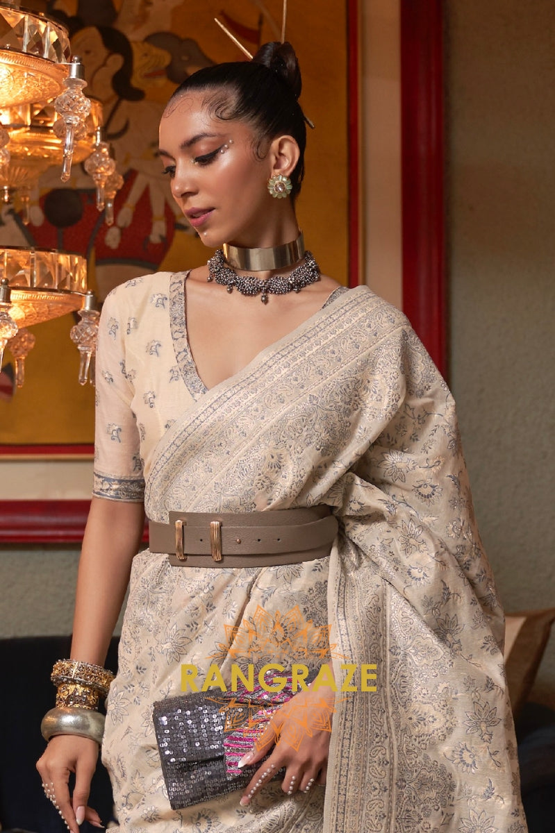 Sweet Beige Woven Kashmiri Cotton Silk Saree
