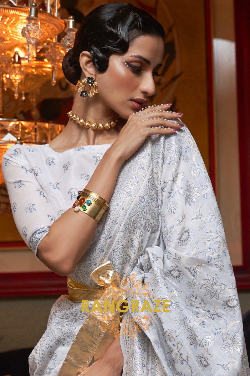Pearly White Woven Kashmiri Cotton Silk Saree