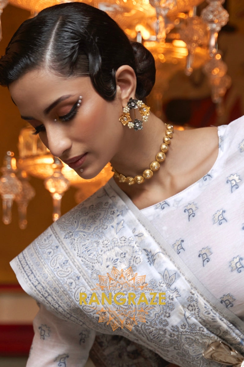 Pearly White Woven Kashmiri Cotton Silk Saree