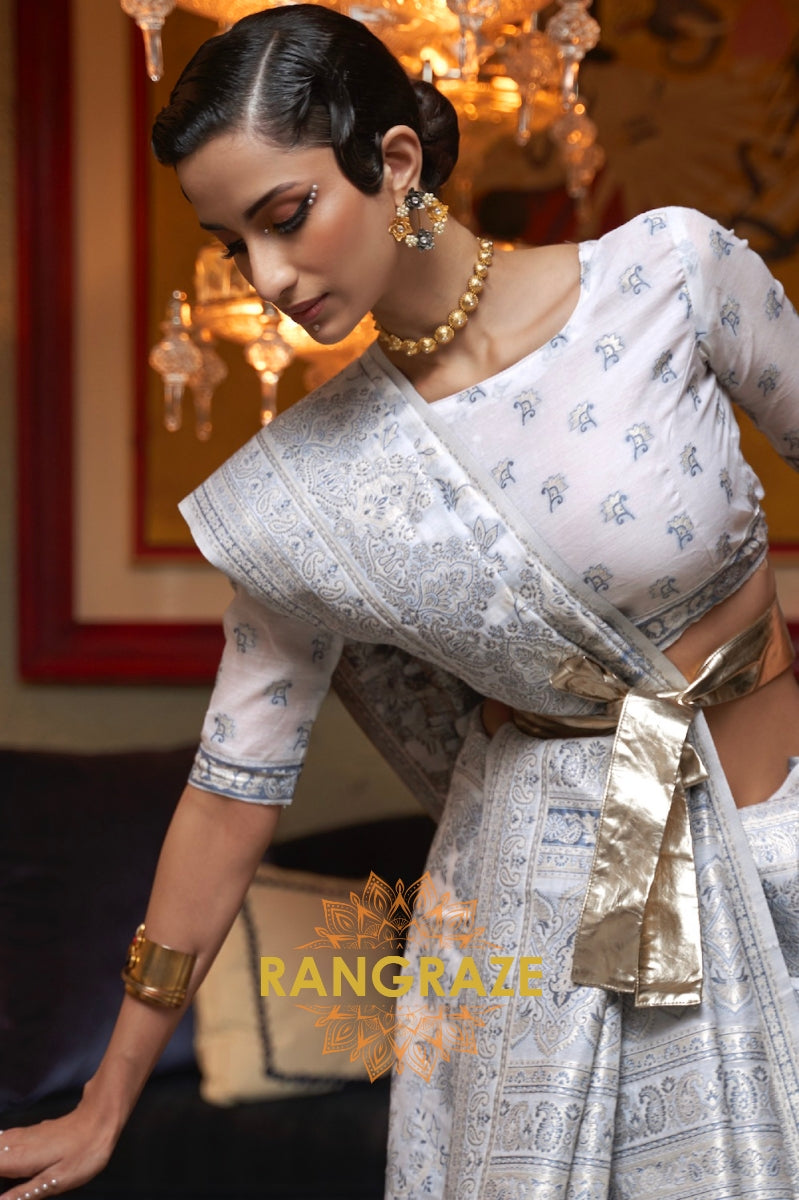 Pearly White Woven Kashmiri Cotton Silk Saree