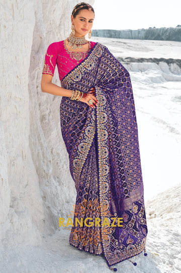 Royal Blue Pure Georgette Embroidered Bandani Patola Saree
