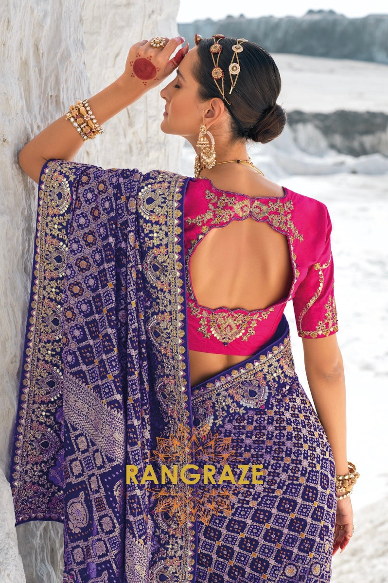 Royal Blue Pure Georgette Embroidered Bandani Patola Saree