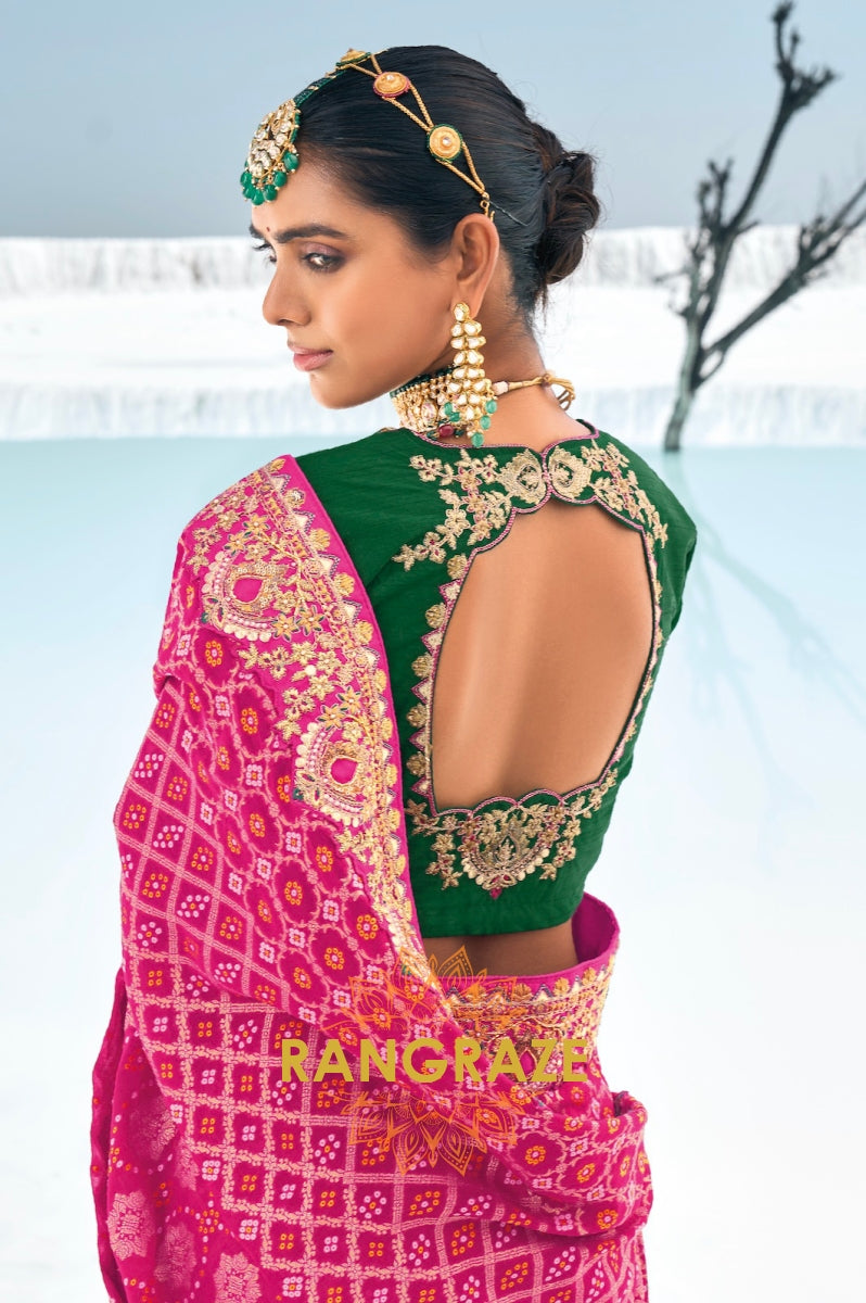 Royal Pure Georgette Embroidered Bandani Saree in Pink with Green Blouse