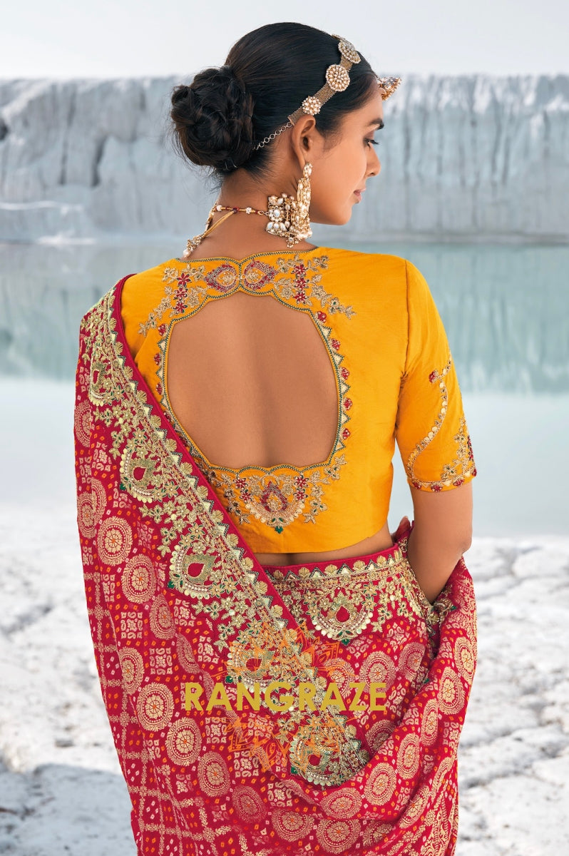 Red Pure Georgette Embroidered Bandani Patola Saree with Zari Weaving