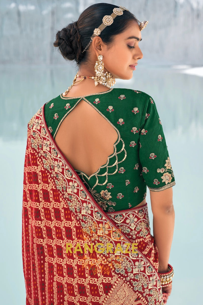 Royal Pure Georgette Embroidered Bandani Patola Saree in Red and Green