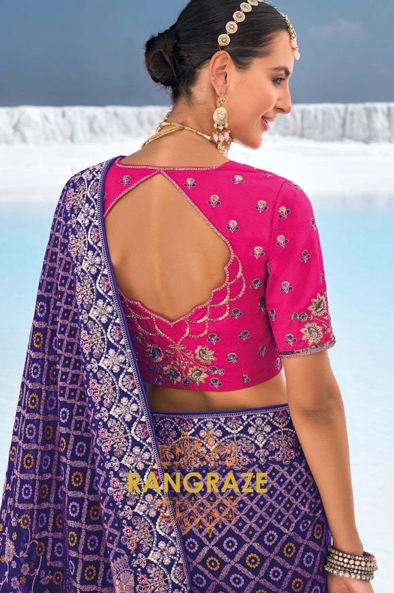 Royal Pure Georgette Embroidered Bandani Patola Saree in Blue with Pink Blouse