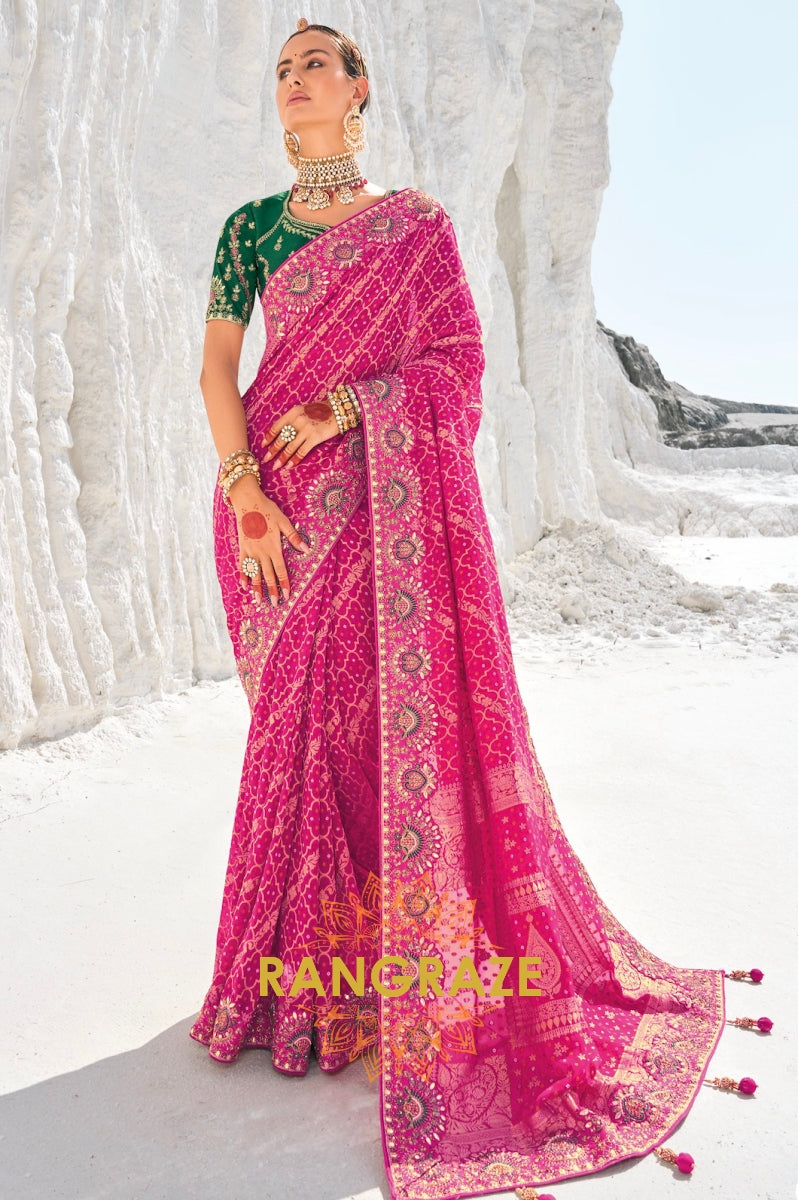 Royal Pure Georgette Embroidered Bandani Patola Saree in Pink with Green Blouse