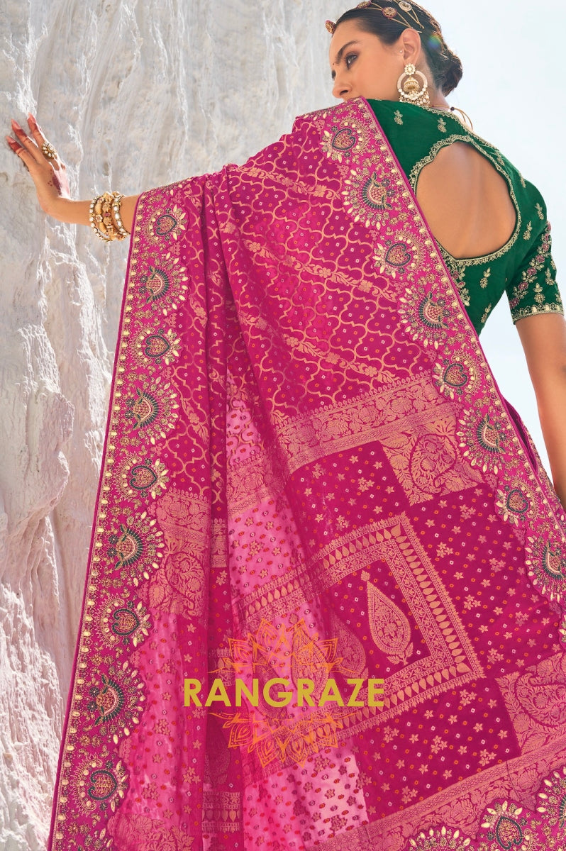 Royal Pure Georgette Embroidered Bandani Patola Saree in Pink with Green Blouse