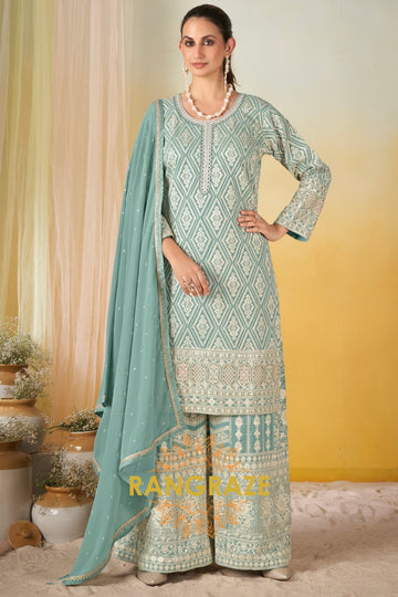 Seafoam Mint Pure Georgette Hand Embroidered Sharara Suit Set