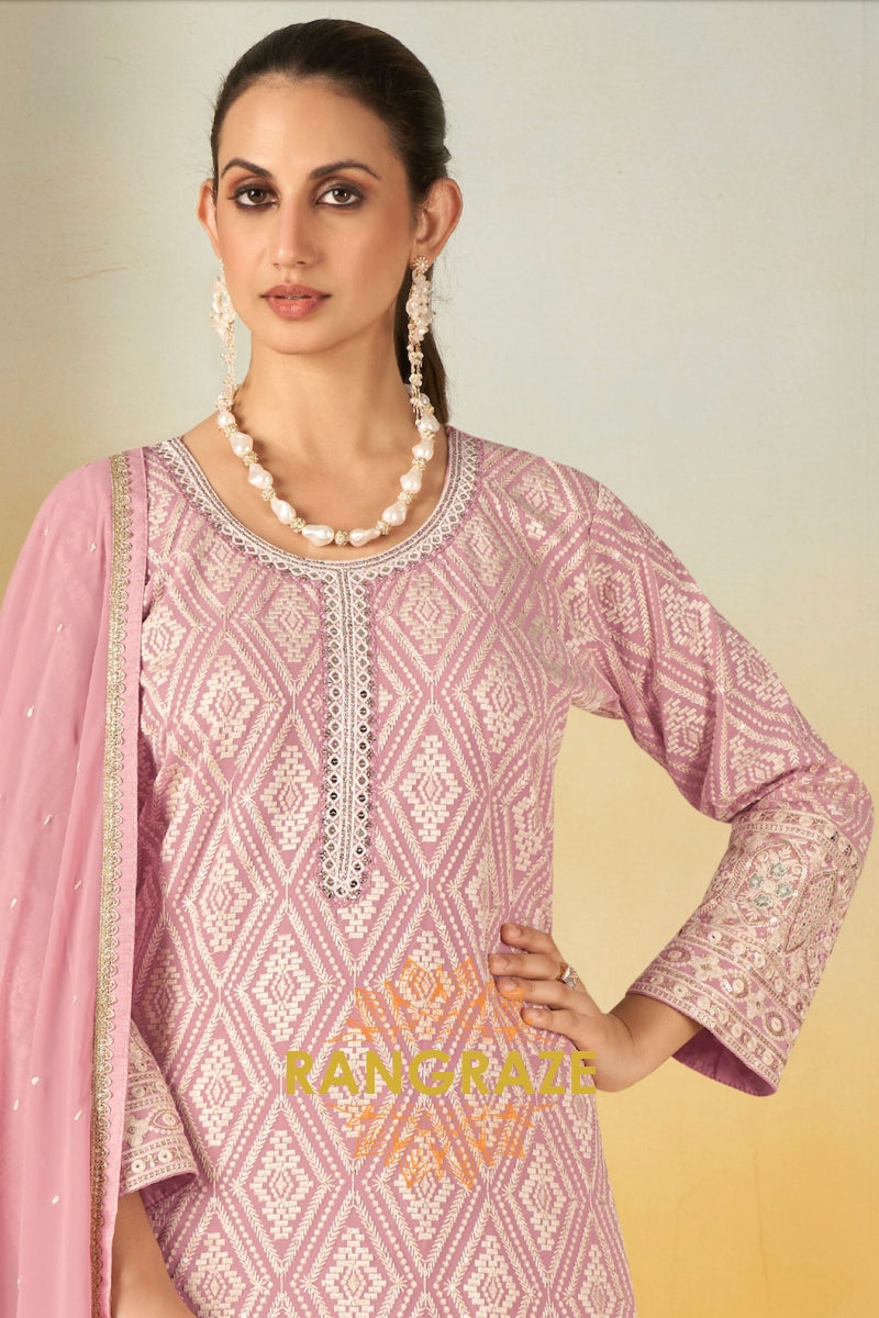Pure Georgette Hand Embroidered Sharara Suit Set in Blush Pink