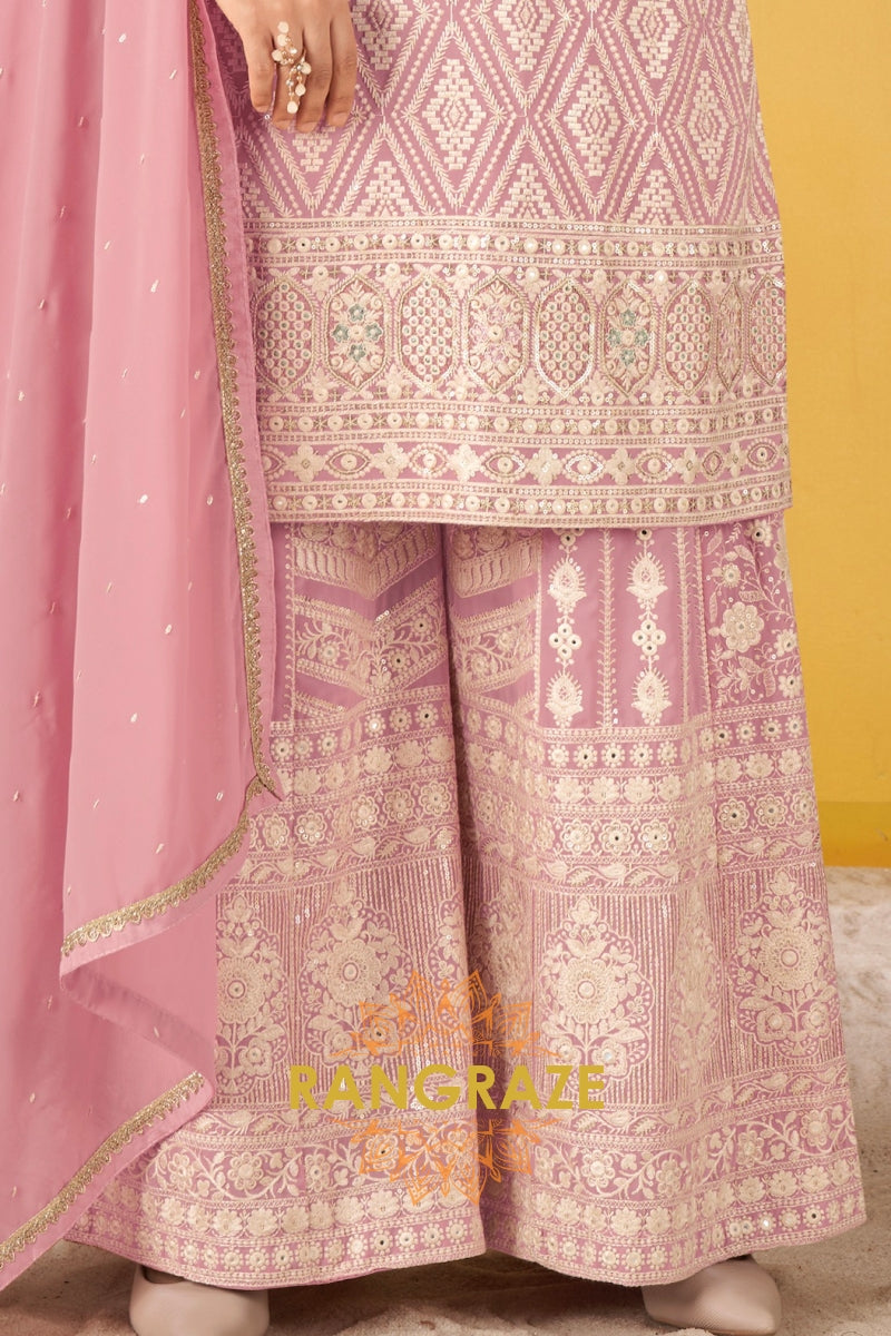 Pure Georgette Hand Embroidered Sharara Suit Set in Blush Pink