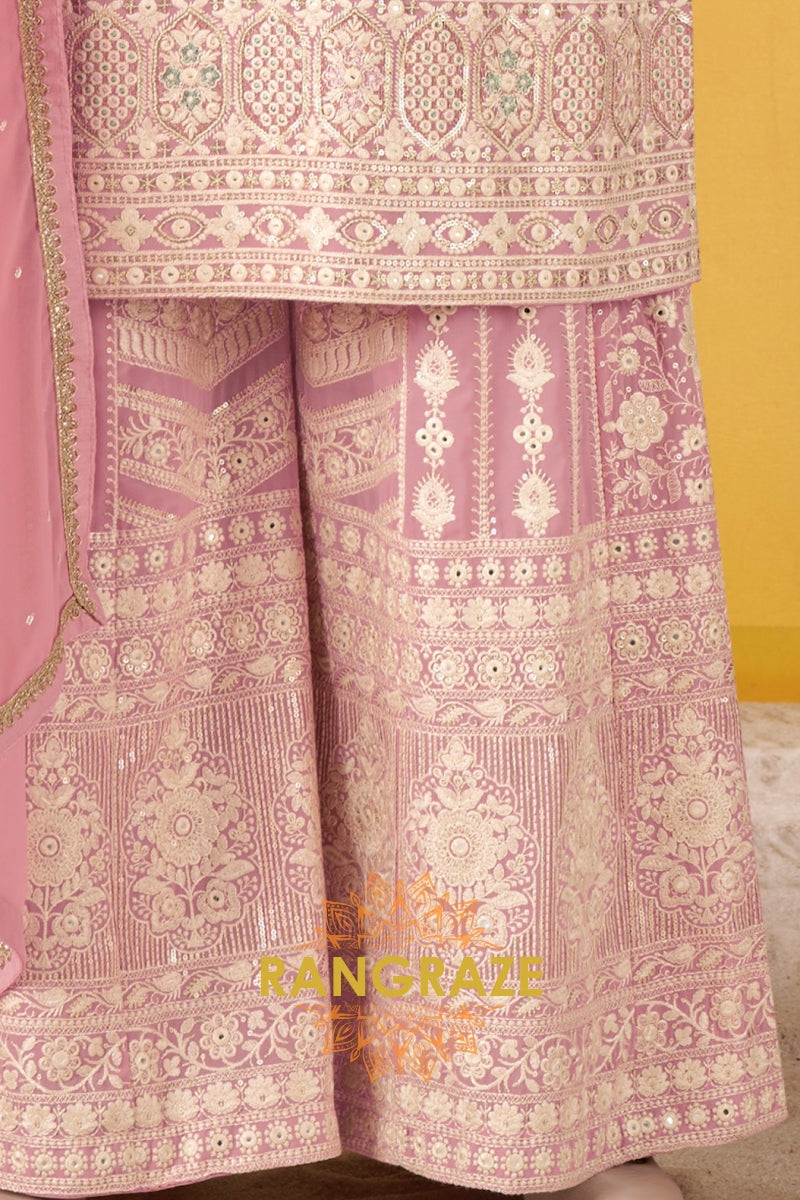 Pure Georgette Hand Embroidered Sharara Suit Set in Blush Pink