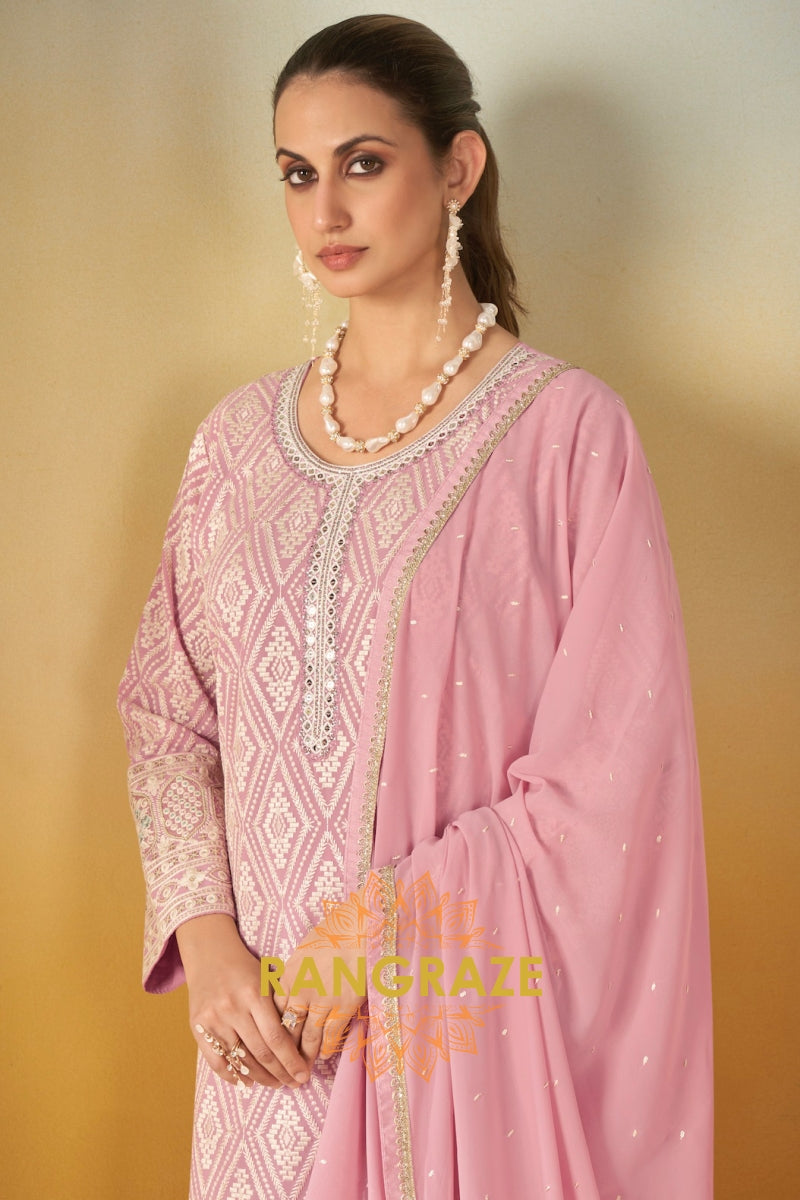 Pure Georgette Hand Embroidered Sharara Suit Set in Blush Pink