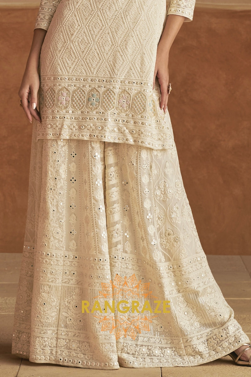 Ivory Pure Georgette Hand Embroidered Sharara Suit Set