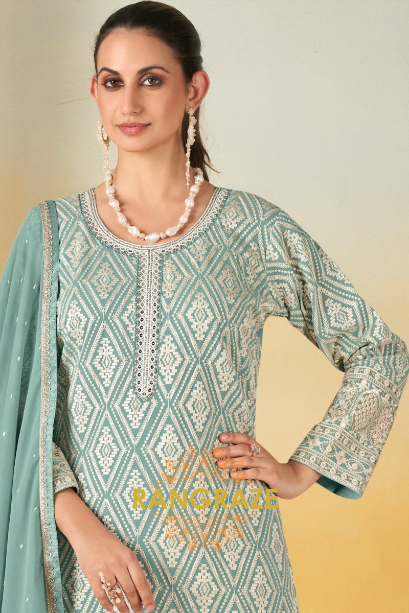 Seafoam Mint Pure Georgette Hand Embroidered Sharara Suit Set