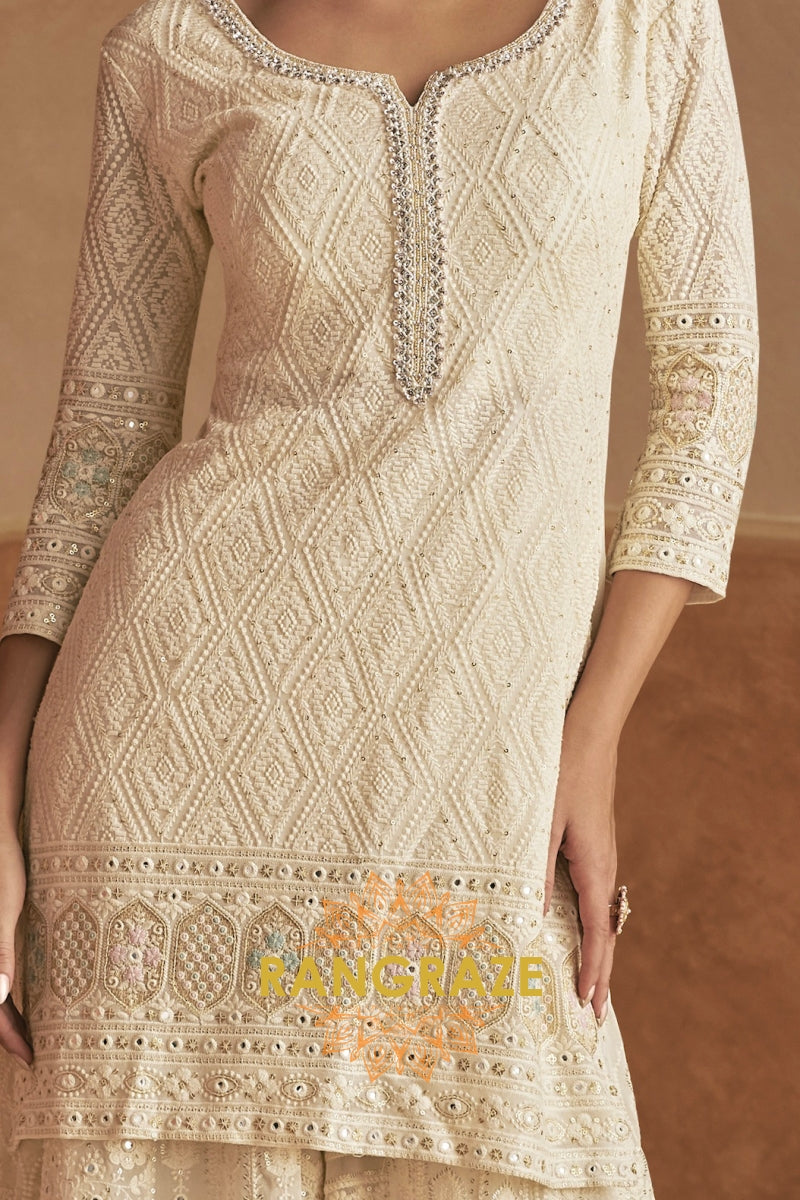 Ivory Pure Georgette Hand Embroidered Sharara Suit Set