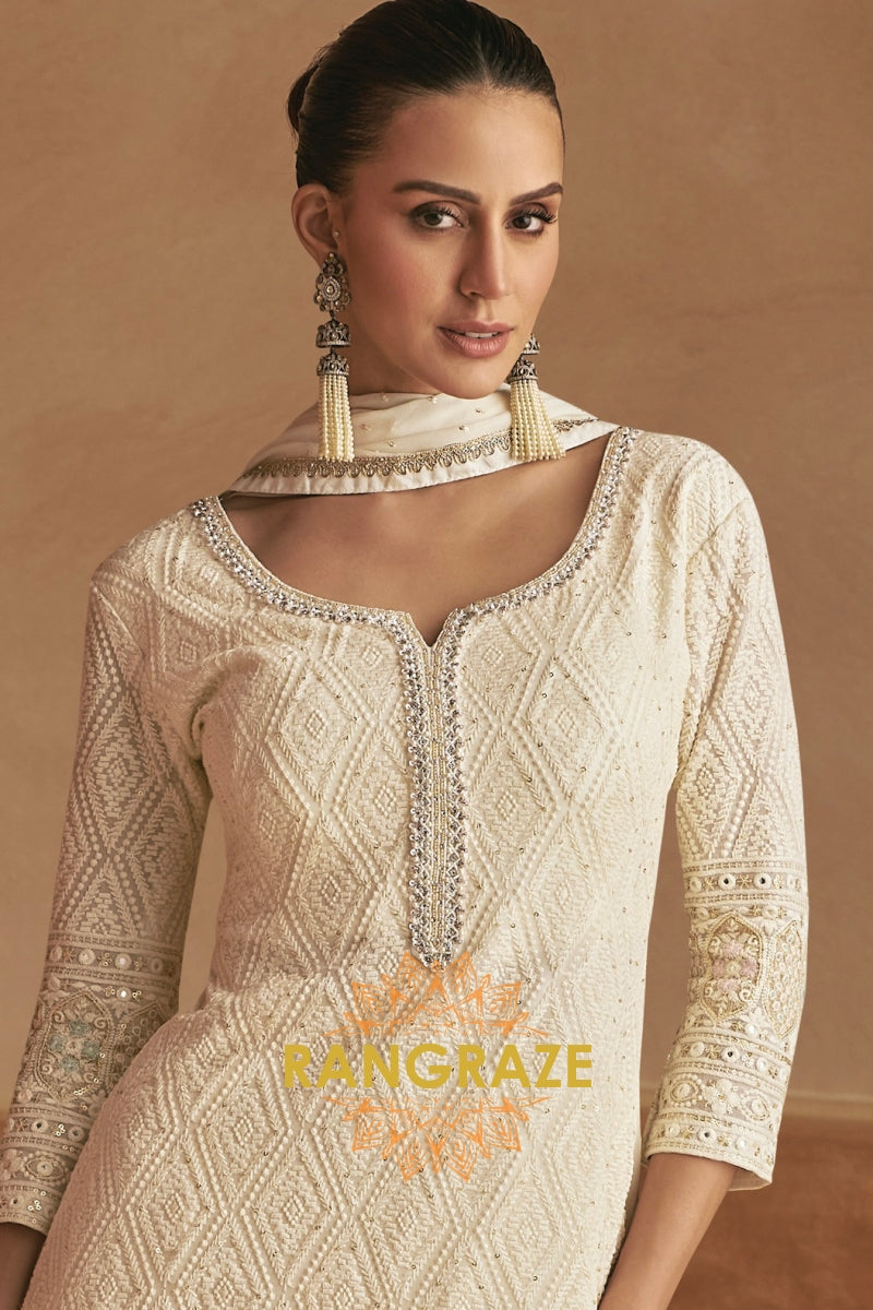 Ivory Pure Georgette Hand Embroidered Sharara Suit Set