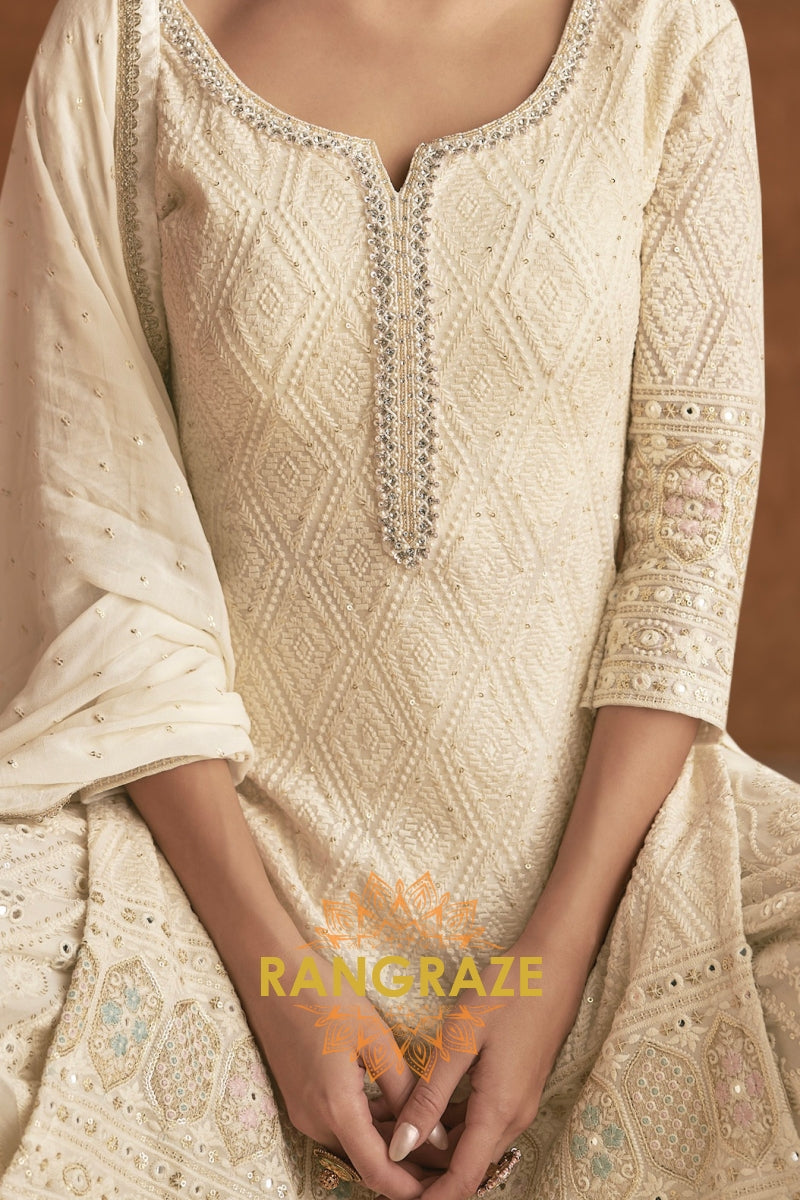 Ivory Pure Georgette Hand Embroidered Sharara Suit Set