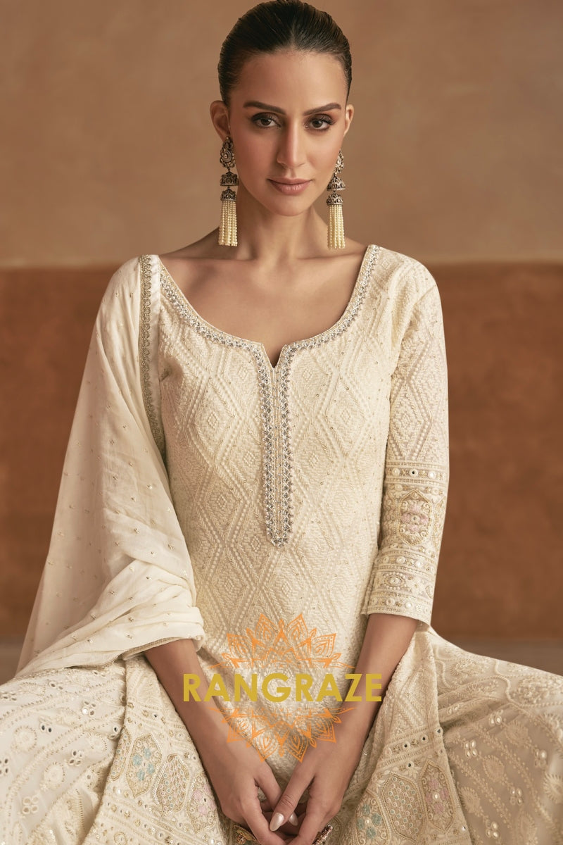 Ivory Pure Georgette Hand Embroidered Sharara Suit Set