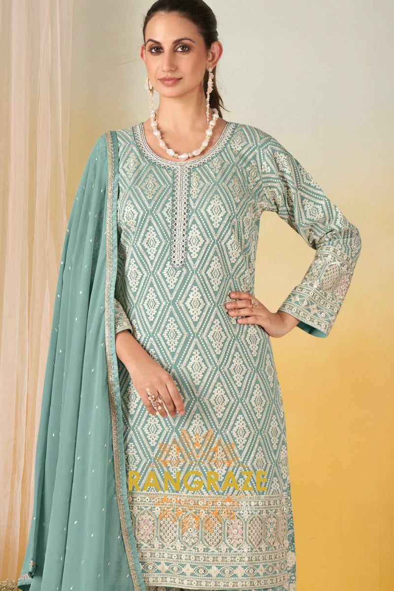 Seafoam Mint Pure Georgette Hand Embroidered Sharara Suit Set