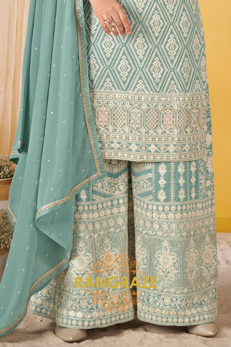 Seafoam Mint Pure Georgette Hand Embroidered Sharara Suit Set