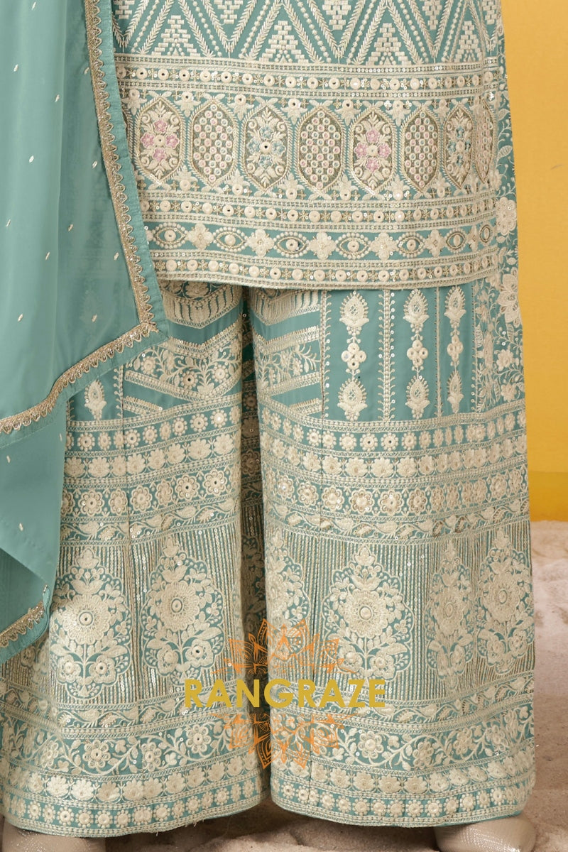 Seafoam Mint Pure Georgette Hand Embroidered Sharara Suit Set