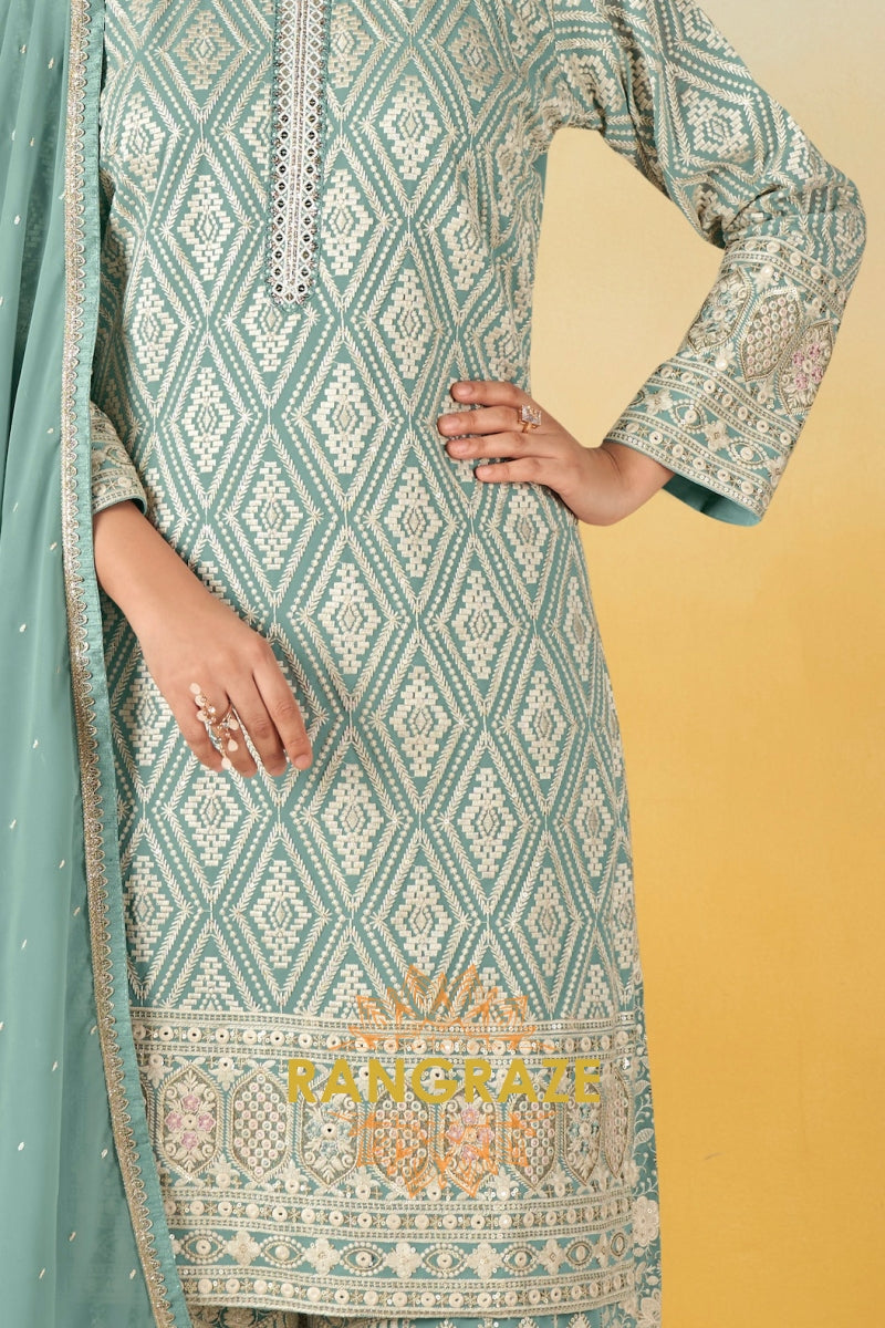 Seafoam Mint Pure Georgette Hand Embroidered Sharara Suit Set
