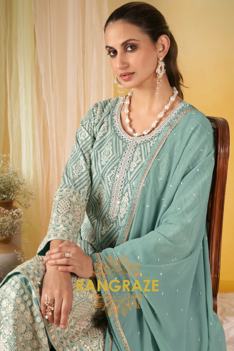 Seafoam Mint Pure Georgette Hand Embroidered Sharara Suit Set