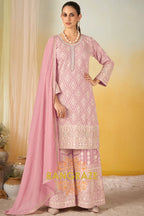 Pure Georgette Hand Embroidered Sharara Suit Set in Blush Pink