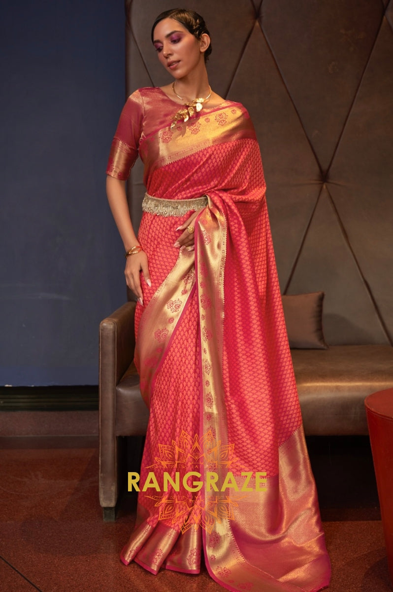 Apricot Orange Handloom Woven Banarasi Silk Saree