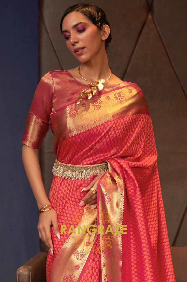 Apricot Orange Handloom Woven Banarasi Silk Saree