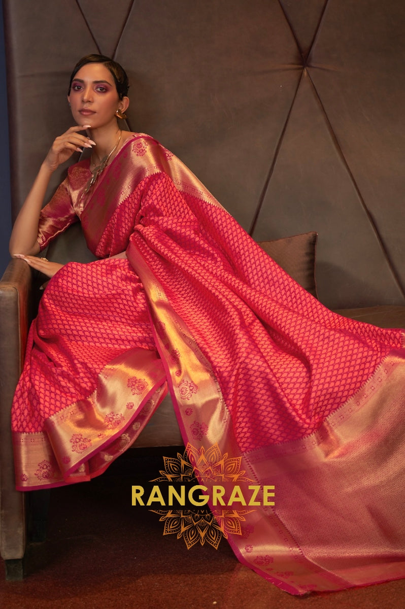 Apricot Orange Handloom Woven Banarasi Silk Saree