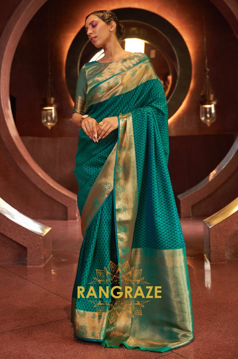 Teal Green Handloom Woven Banarasi Silk Saree