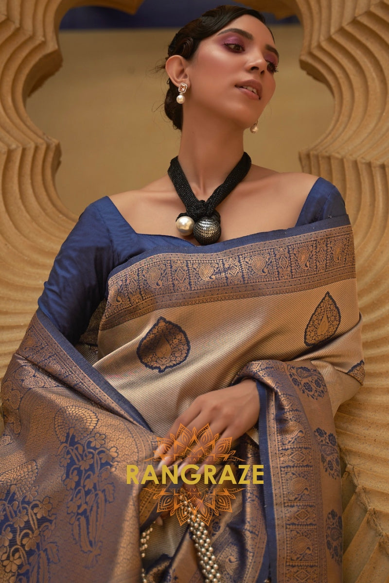 Twilight Blue Woven Kanjivaram Silk Saree