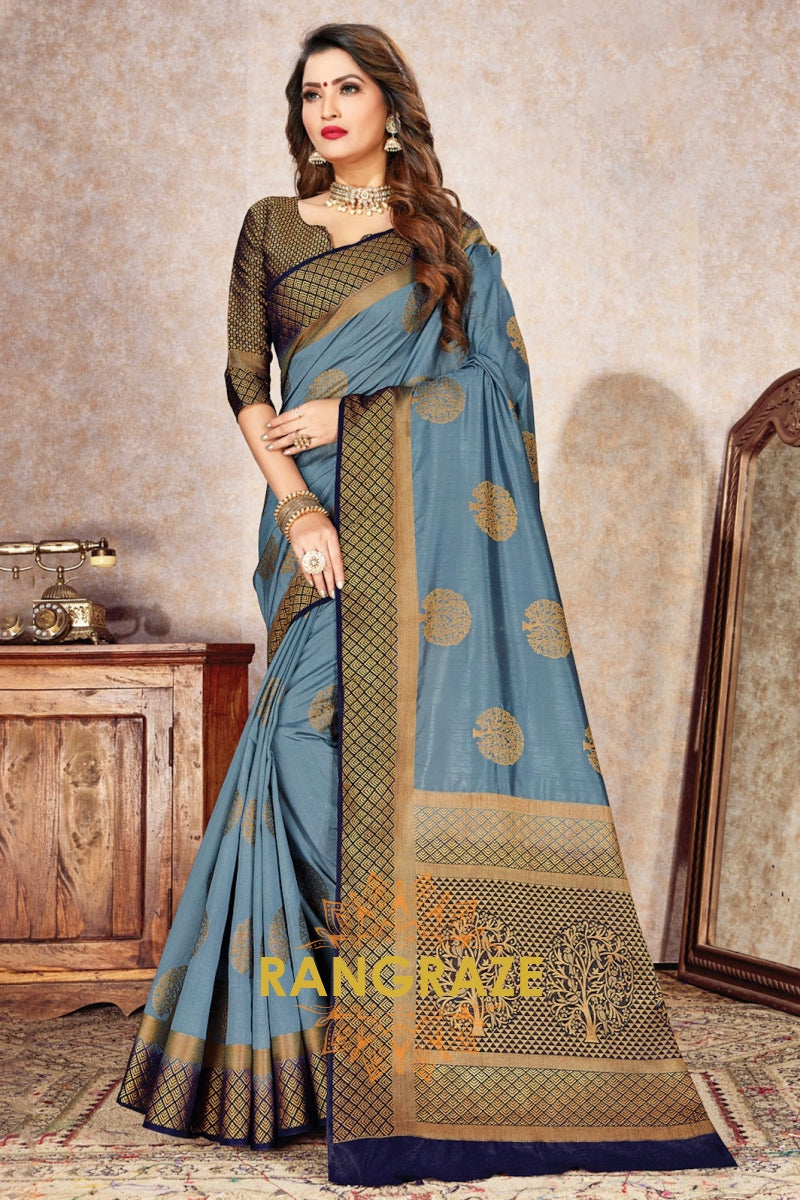 Golden Blue Silk Saree With Heavy Zari Work