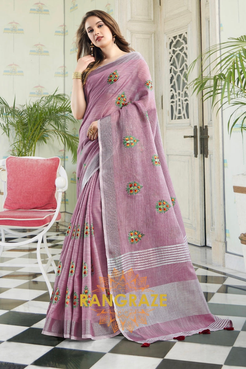 Rose Pink Pure Linen Embroidery Handloom Saree