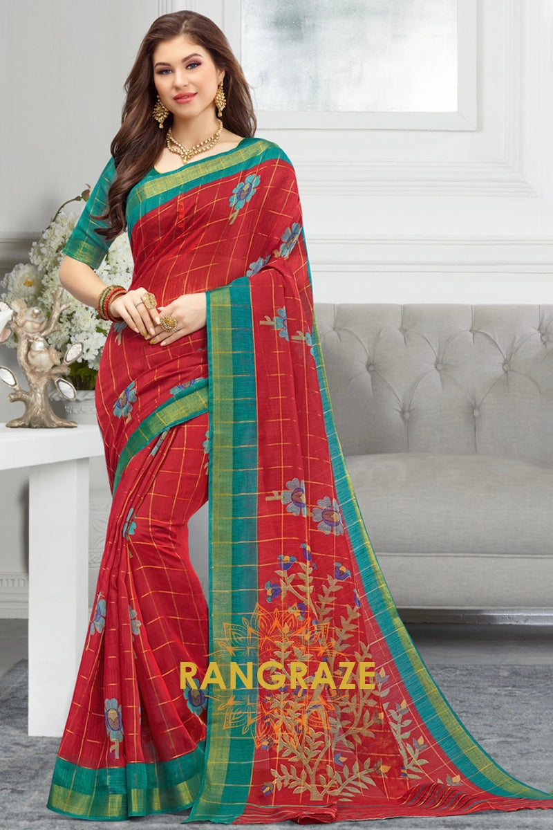 Ruby Red Pure Cotton Digital Printed Saree