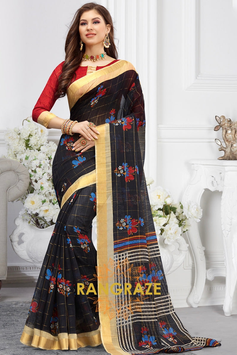 Jet Black Pure Cotton Digital Printed Saree