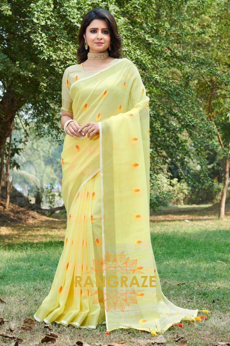 Yellow Linen Saree With Siroski Stone Work