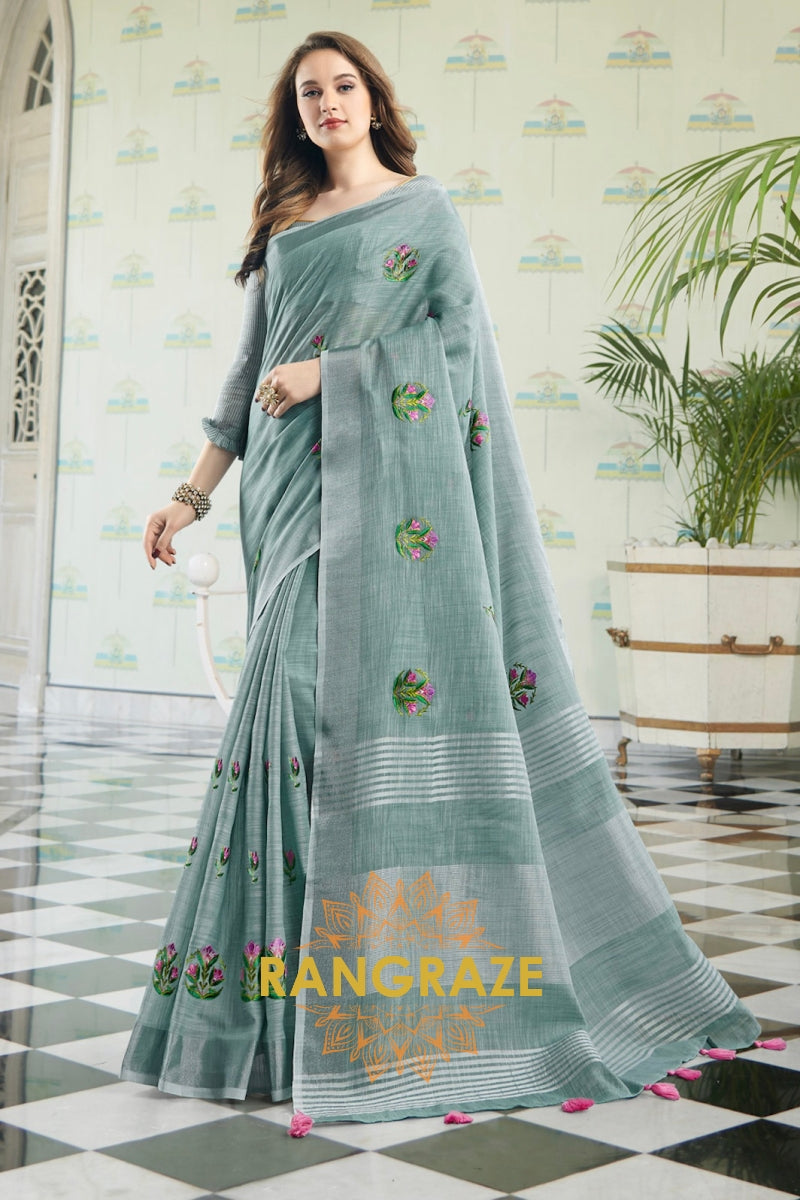 Charcoal Grey Pure Linen Embroidery Handloom Saree