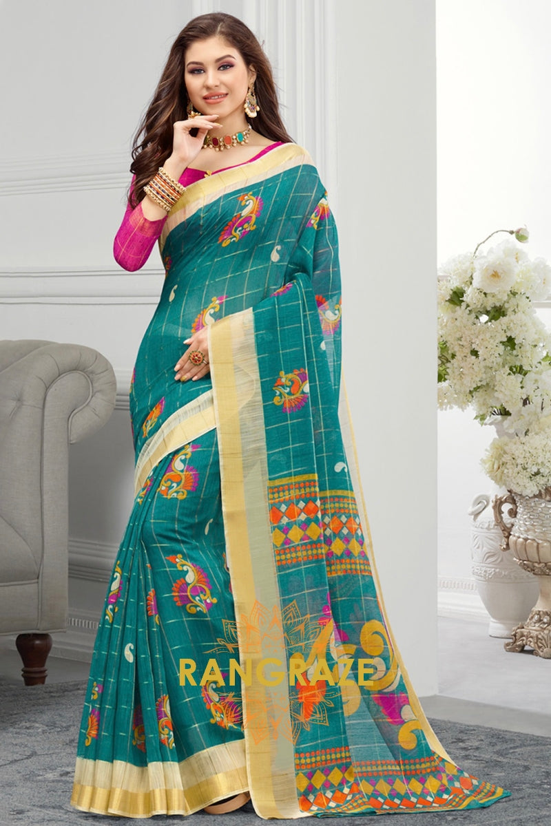 Turquoise Blue Pure Cotton Digital Printed Saree