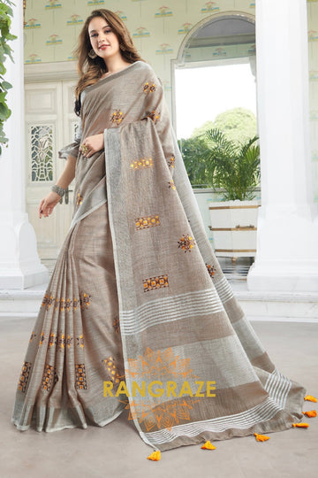 Brownish Beige Pure Linen Embroidery Handloom Saree